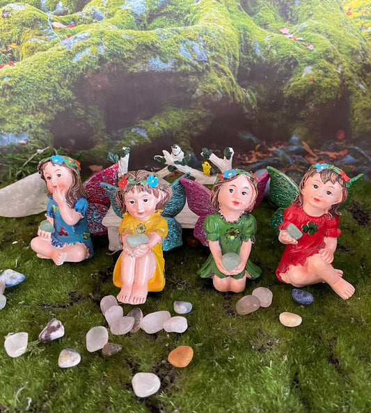 Just look at these sweet faces! Miniature St. Patrick’s fairies garden holding a lucky Aventurine for good luck!