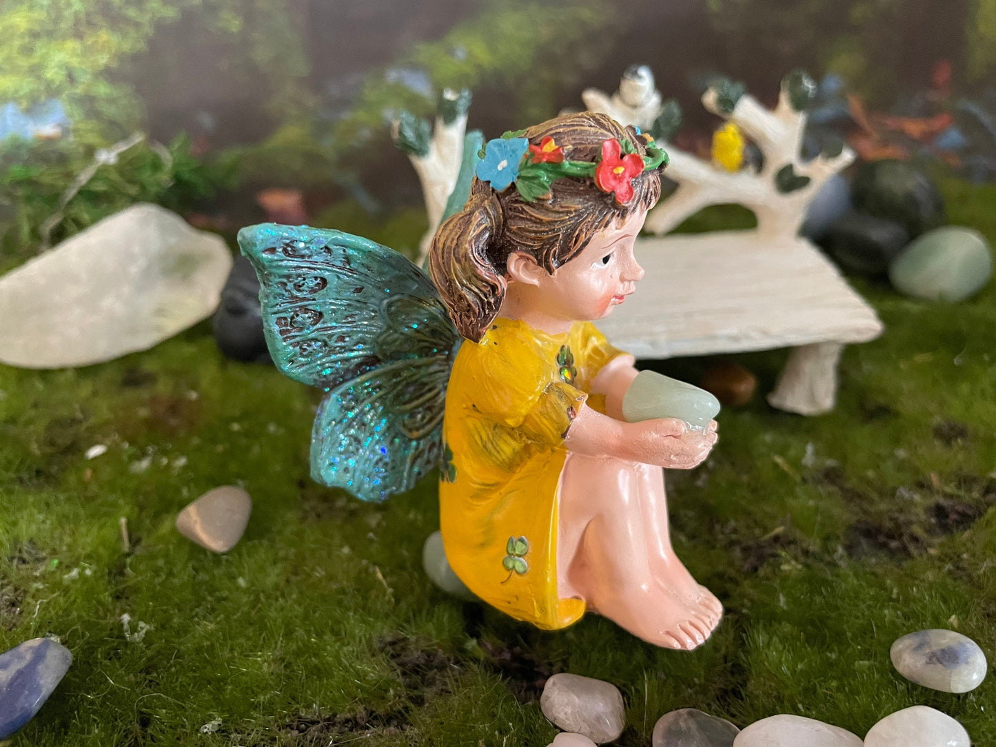 Just look at these sweet faces! Miniature St. Patrick’s fairies garden holding a lucky Aventurine for good luck!