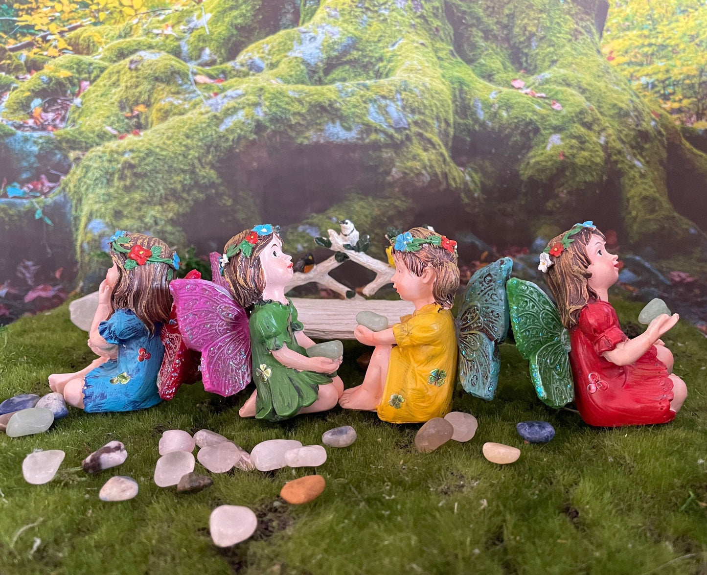 Just look at these sweet faces! Miniature St. Patrick’s fairies garden holding a lucky Aventurine for good luck!